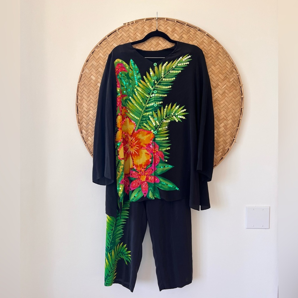 DIANE GILMAN 100% SILK TROPICAL PALMS RESORT-WEAR PANT SUIT W/ SEQUIN‎ DETAILING - Picture 7 of 14